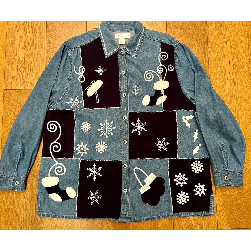 Dressbarn Shacket Women 18/20 Blue Excellent Vintage 90s Christmas Patchwork